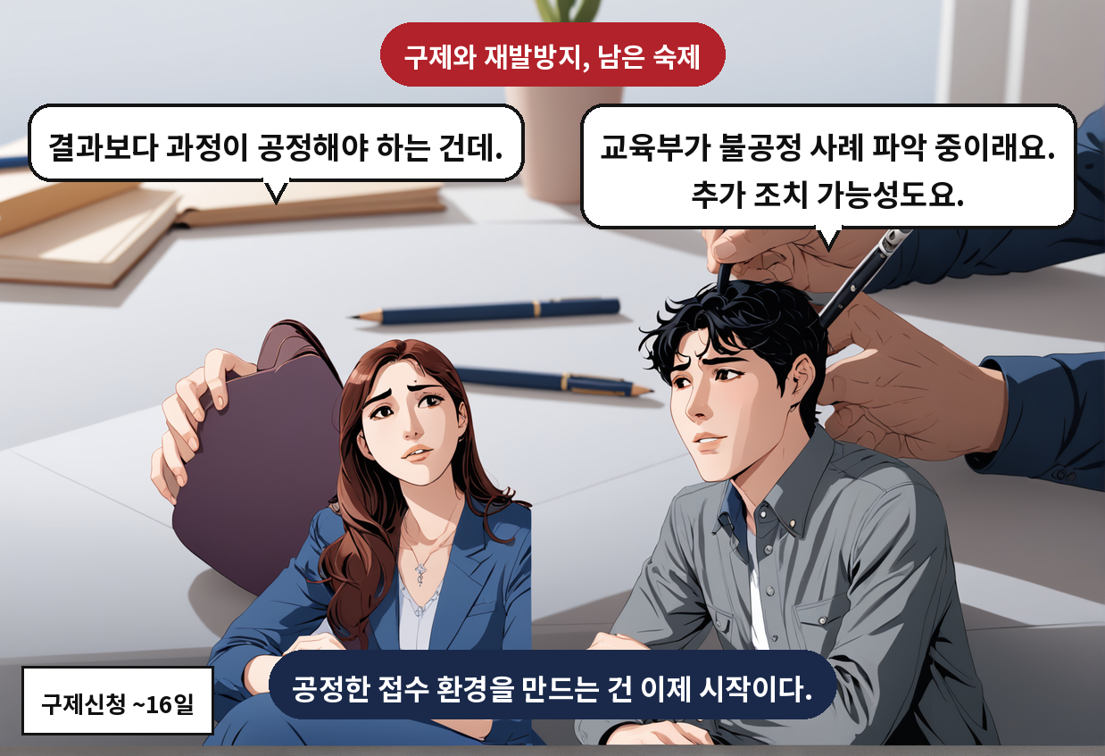 B: 교육부가 불공정 사례 파악 중이래요. 추가 조치 가능성도요. A: 결과보다 과정이 공정해야 하는 건데.