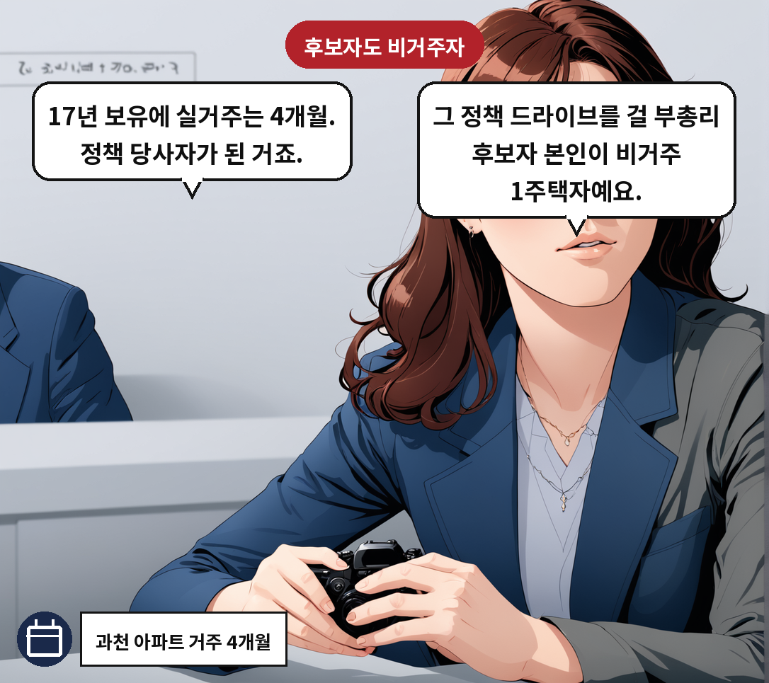 A: 그 정책 드라이브를 걸 부총리 후보자 본인이 비거주 1주택자예요. B: 17년 보유에 실거주는 4개월. 정책 당사자가 된 거죠.