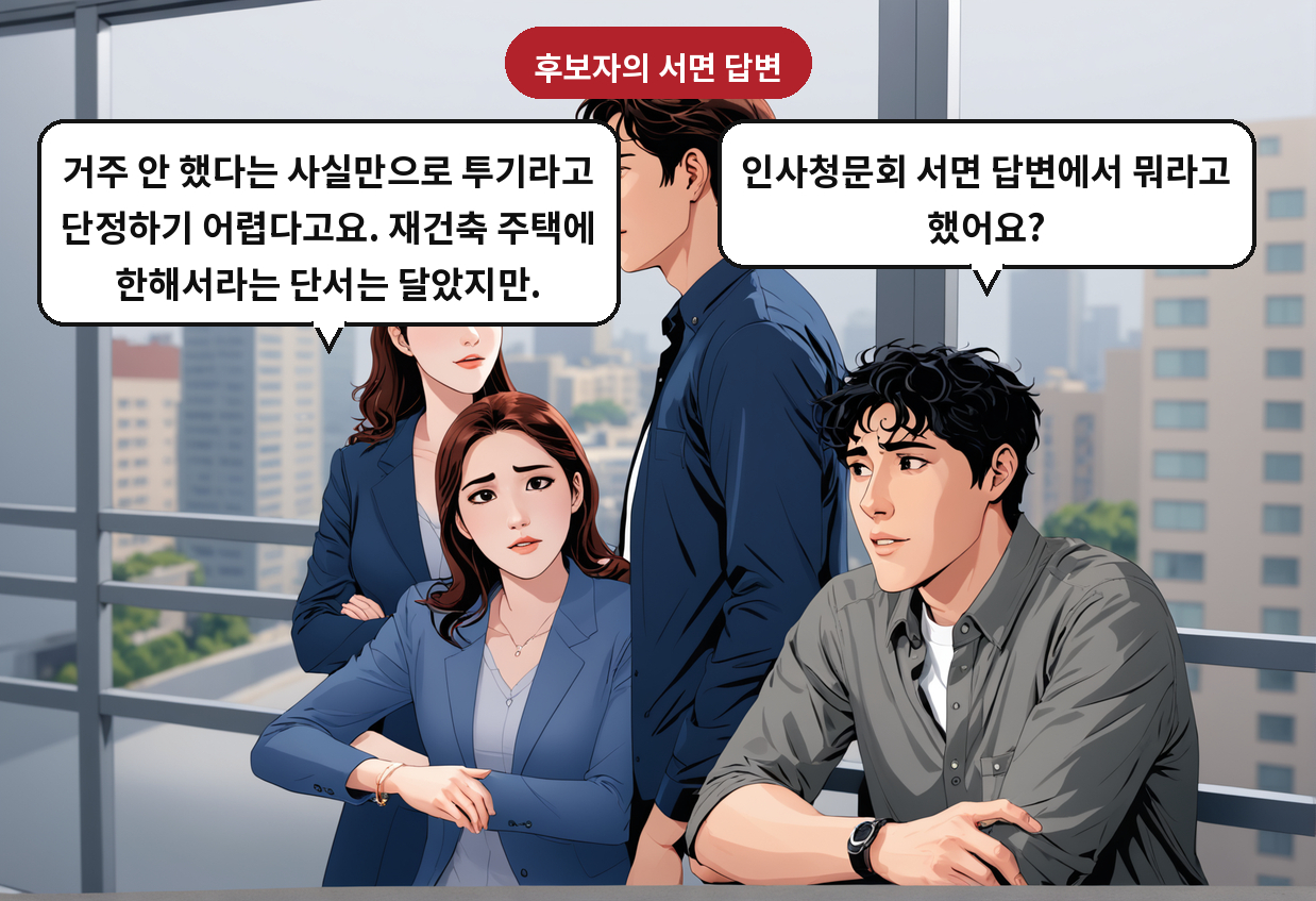 A: 인사청문회 서면 답변에서 뭐라고 했어요? B: 거주 안 했다는 사실만으로 투기라고 단정하기 어렵다고요. 재건축 주택에 한해서라는 단서는 달았지만.