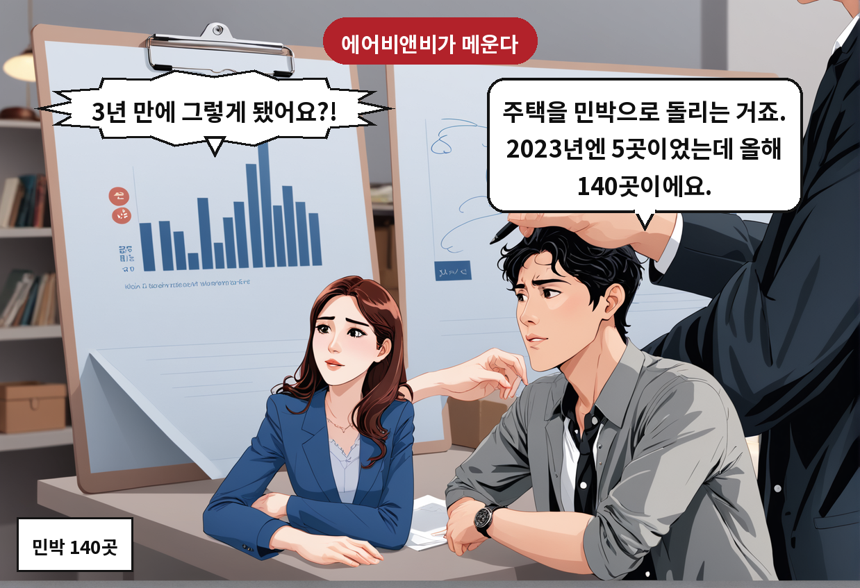 A: 주택을 민박으로 돌리는 거죠. 2023년엔 5곳이었는데 올해 140곳이에요. B: 3년 만에 그렇게 됐어요?!