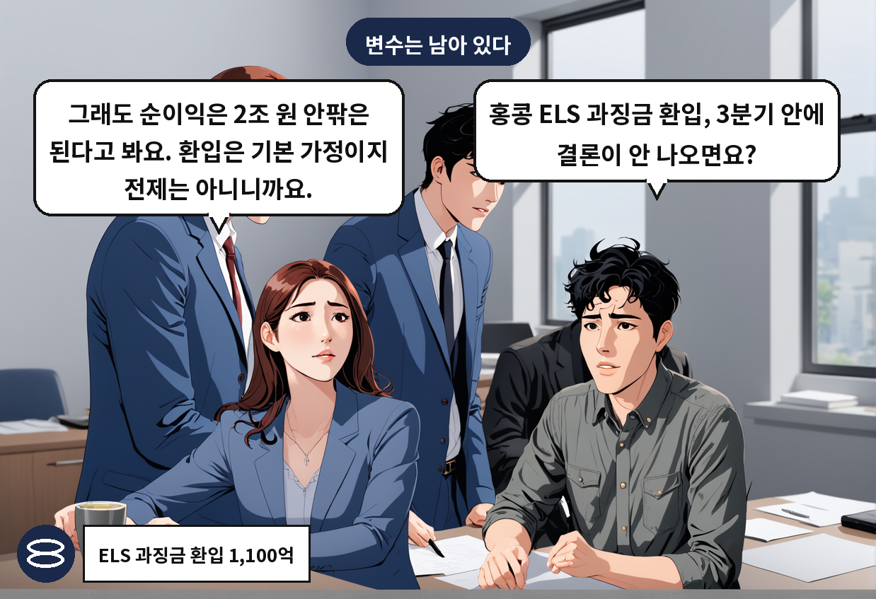 B: 홍콩 ELS 과징금 환입, 3분기 안에 결론이 안 나오면요? A: 그래도 순이익은 2조 원 안팎은 된다고 봐요. 환입은 기본 가정이지 전제는 아니니까요.