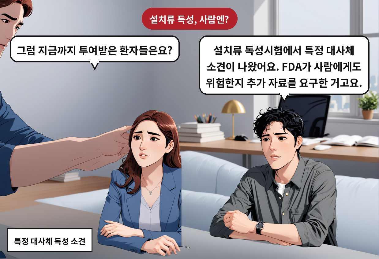 A: 설치류 독성시험에서 특정 대사체 소견이 나왔어요. FDA가 사람에게도 위험한지 추가 자료를 요구한 거고요. B: 그럼 지금까지 투여받은 환자들은요?
