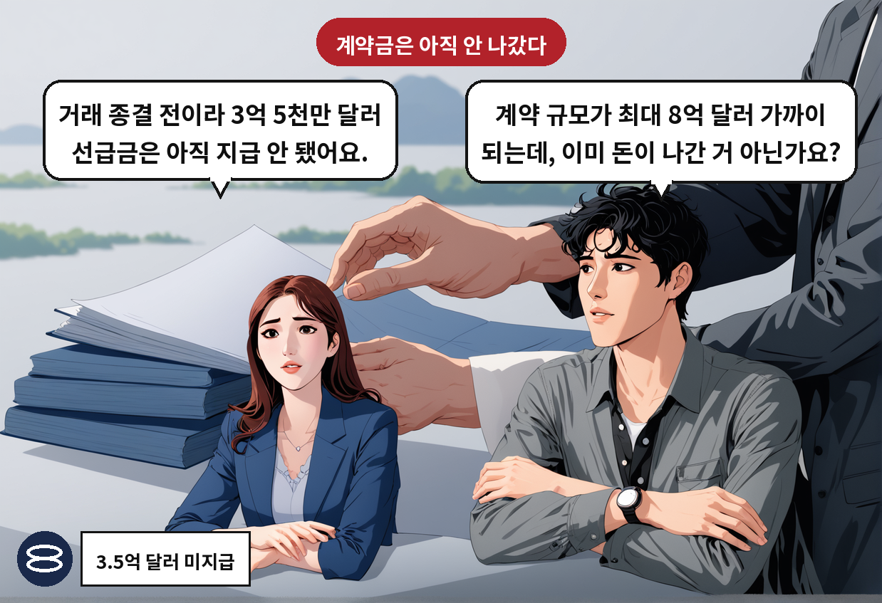 B: 계약 규모가 최대 8억 달러 가까이 되는데, 이미 돈이 나간 거 아닌가요? A: 거래 종결 전이라 3억 5천만 달러 선급금은 아직 지급 안 됐어요.