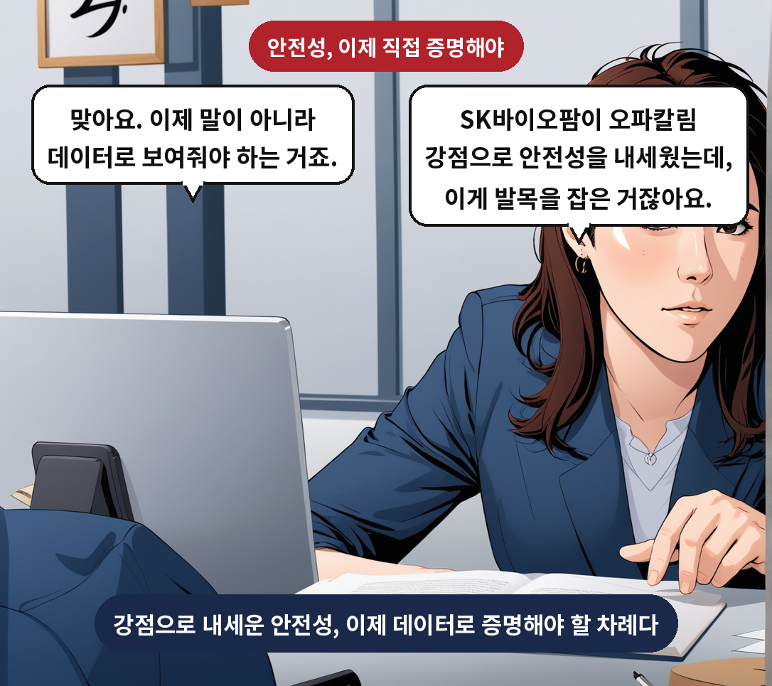 B: SK바이오팜이 오파칼림 강점으로 안전성을 내세웠는데, 이게 발목을 잡은 거잖아요. A: 맞아요. 이제 말이 아니라 데이터로 보여줘야 하는 거죠.
