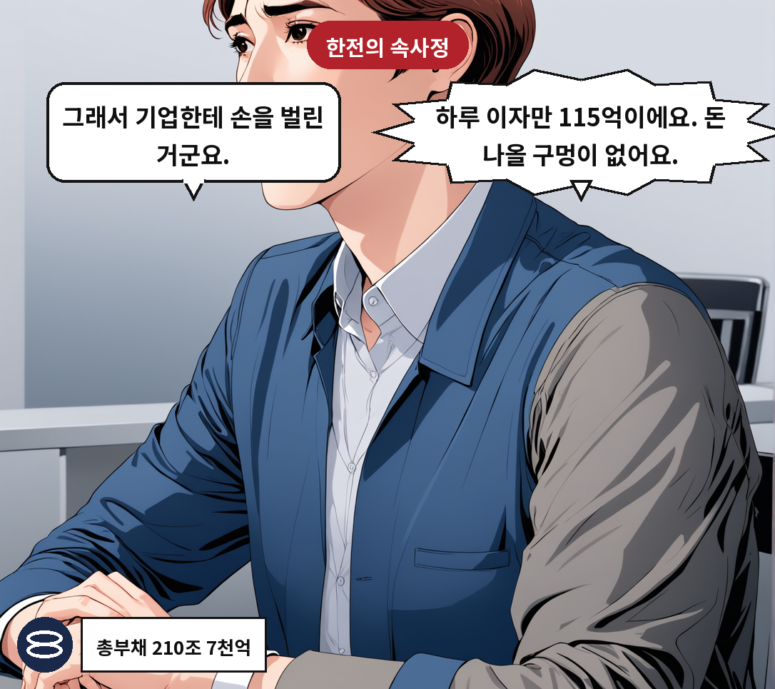 B: 하루 이자만 115억이에요. 돈 나올 구멍이 없어요. A: 그래서 기업한테 손을 벌린 거군요.