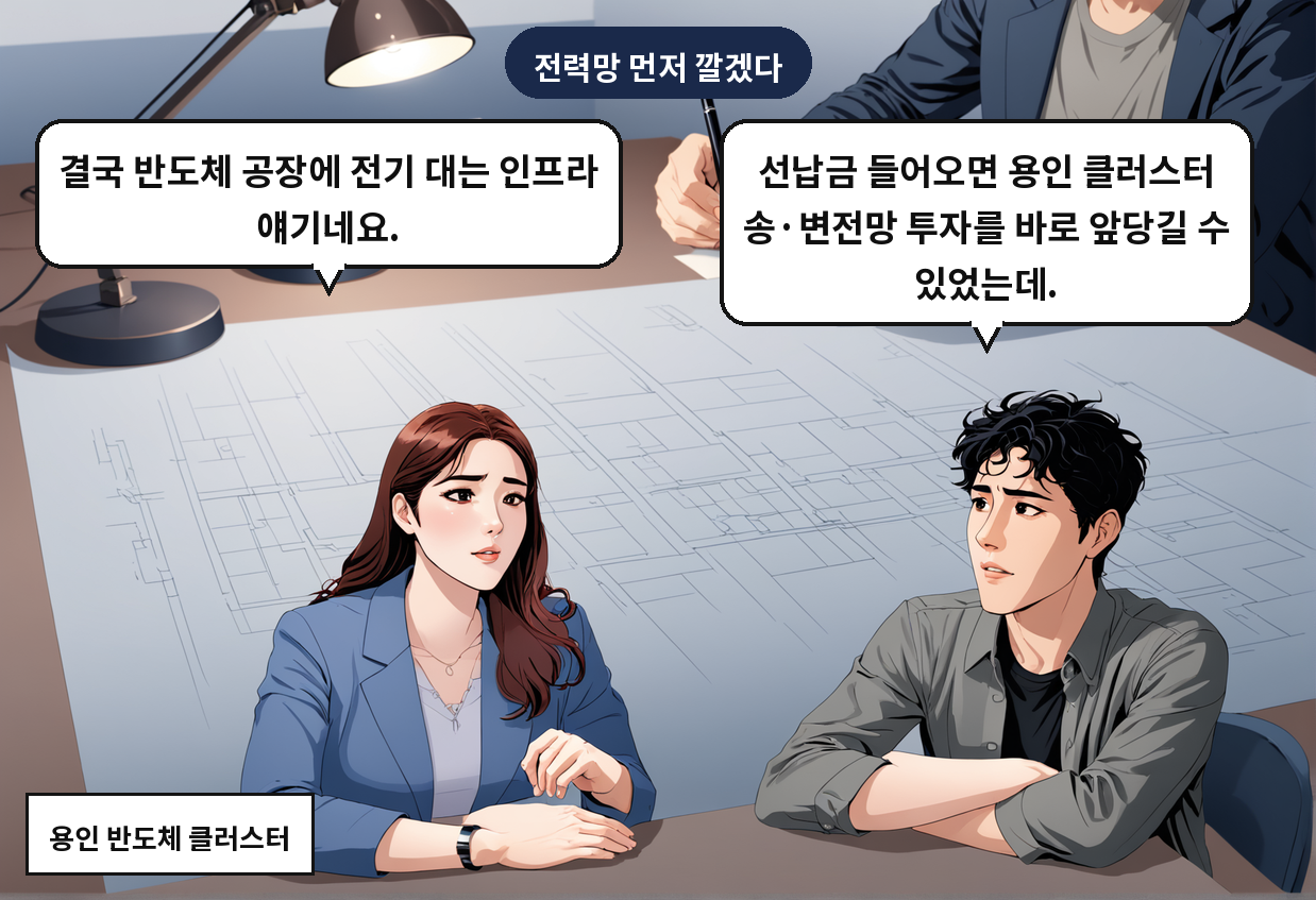 B: 선납금 들어오면 용인 클러스터 송·변전망 투자를 바로 앞당길 수 있었는데. A: 결국 반도체 공장에 전기 대는 인프라 얘기네요.