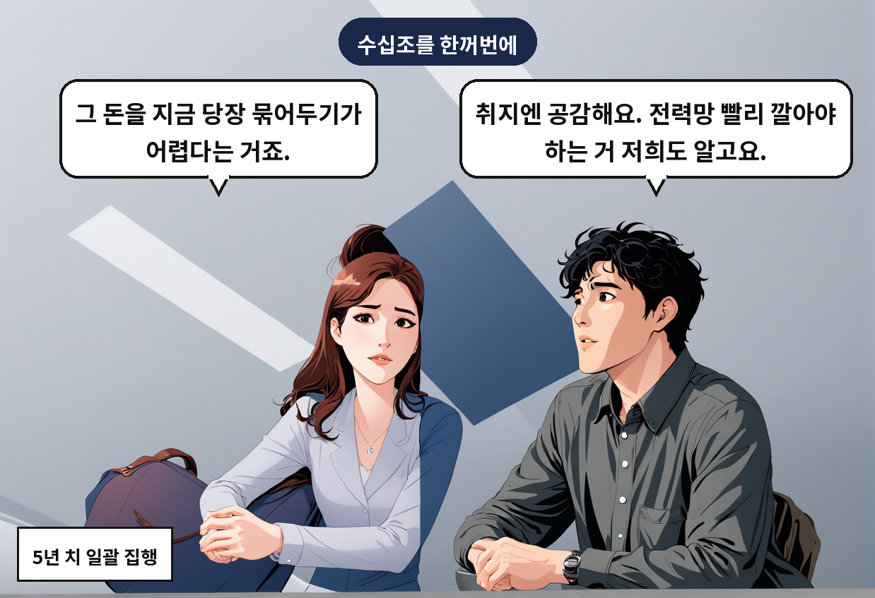 A: 취지엔 공감해요. 전력망 빨리 깔아야 하는 거 저희도 알고요. B: 그 돈을 지금 당장 묶어두기가 어렵다는 거죠.