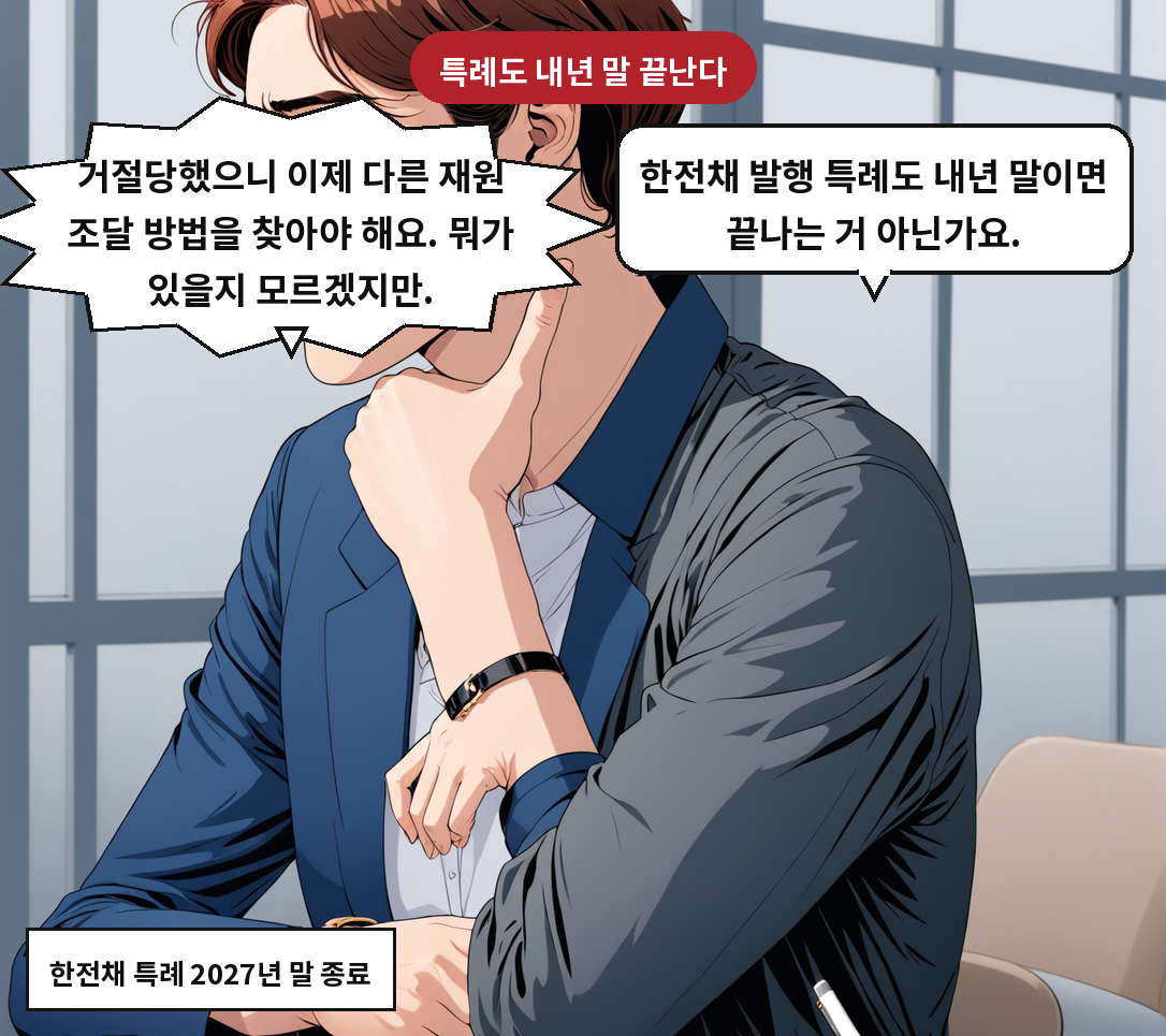 A: 한전채 발행 특례도 내년 말이면 끝나는 거 아닌가요. B: 거절당했으니 이제 다른 재원 조달 방법을 찾아야 해요. 뭐가 있을지 모르겠지만.