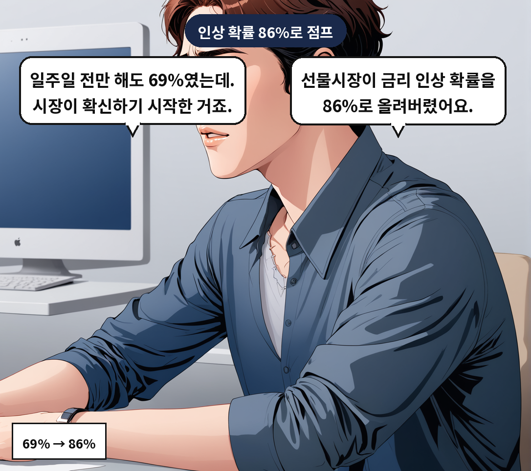 B: 선물시장이 금리 인상 확률을 86%로 올려버렸어요. A: 일주일 전만 해도 69%였는데. 시장이 확신하기 시작한 거죠.