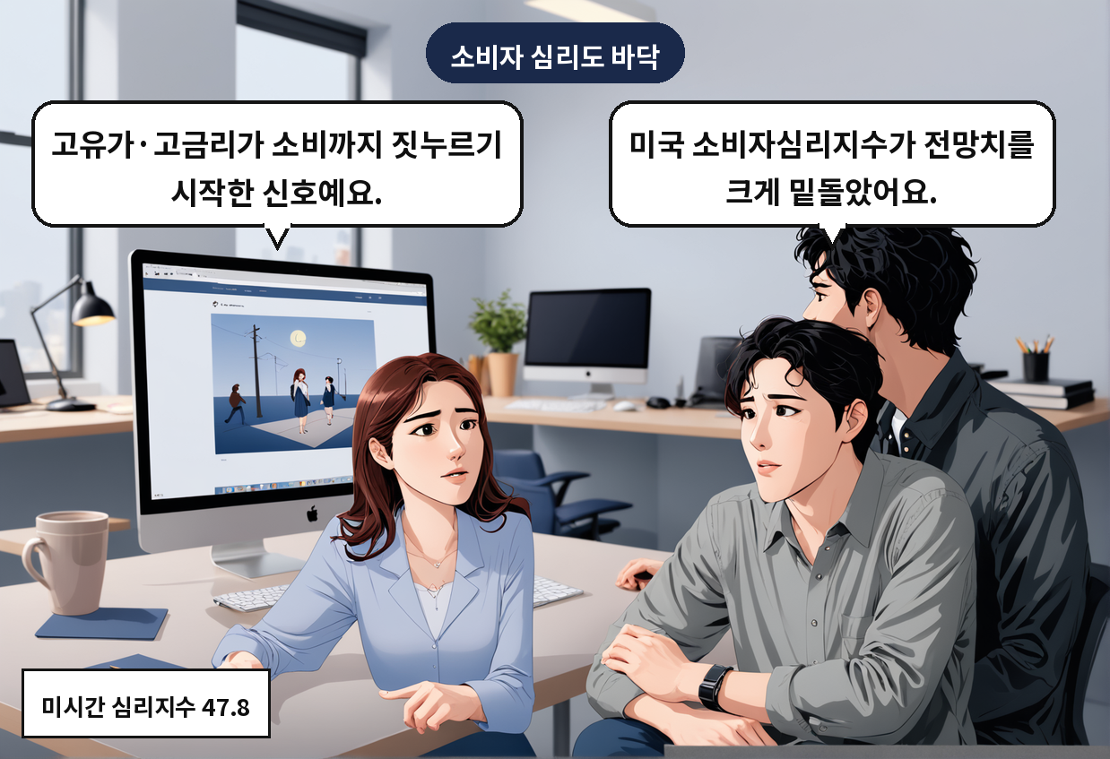 B: 미국 소비자심리지수가 전망치를 크게 밑돌았어요. A: 고유가·고금리가 소비까지 짓누르기 시작한 신호예요.