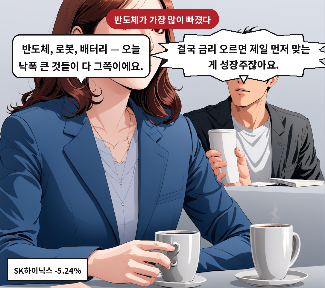 A: 결국 금리 오르면 제일 먼저 맞는 게 성장주잖아요. B: 반도체, 로봇, 배터리 — 오늘 낙폭 큰 것들이 다 그쪽이에요.