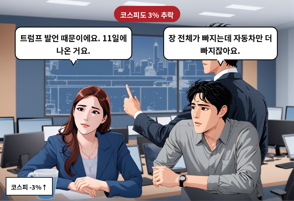 B: 장 전체가 빠지는데 자동차만 더 빠지잖아요. A: 트럼프 발언 때문이에요. 11일에 나온 거요.