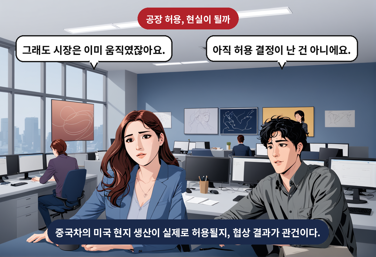 B: 아직 허용 결정이 난 건 아니에요. A: 그래도 시장은 이미 움직였잖아요.