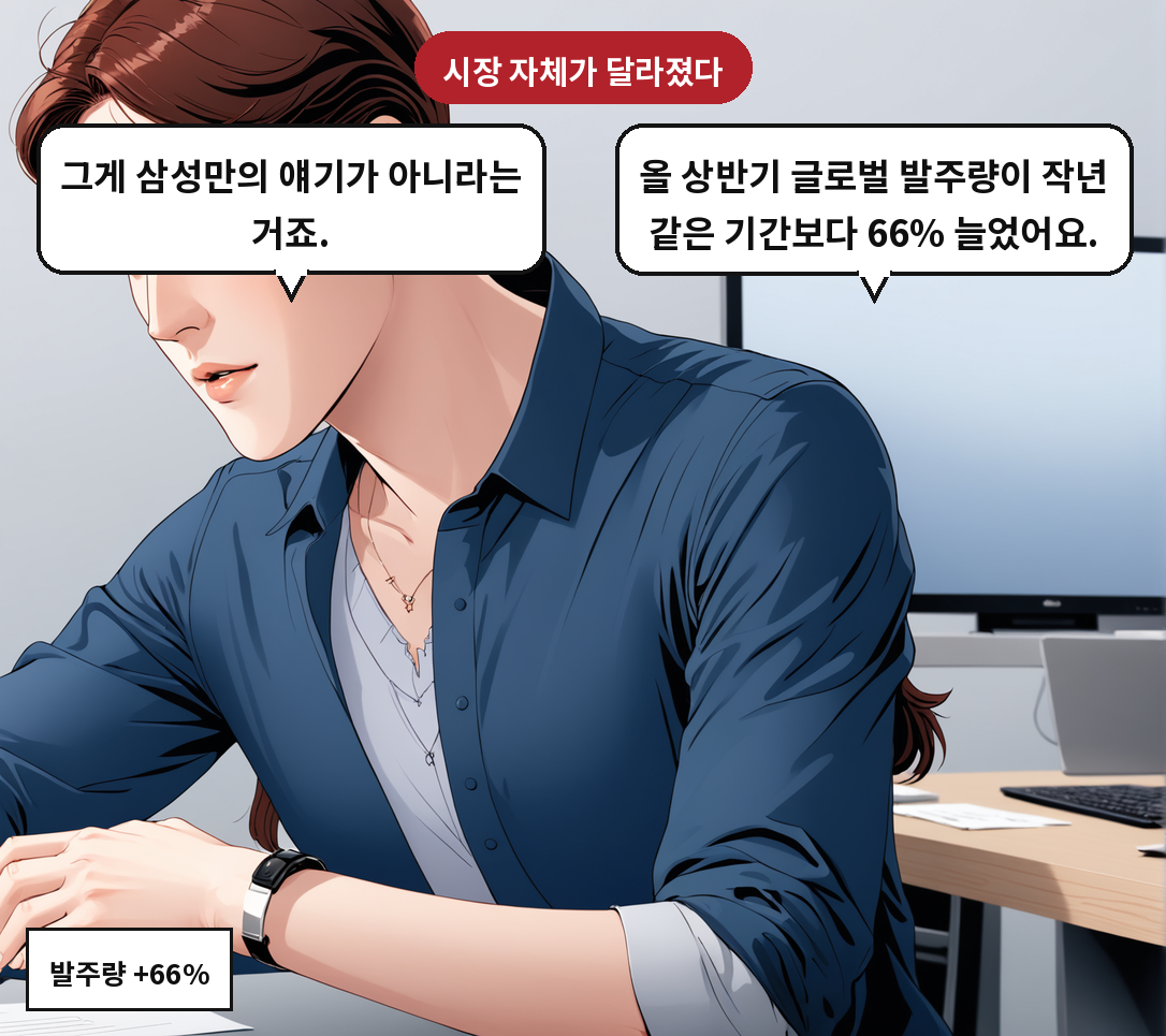 B: 올 상반기 글로벌 발주량이 작년 같은 기간보다 66% 늘었어요. A: 그게 삼성만의 얘기가 아니라는 거죠.