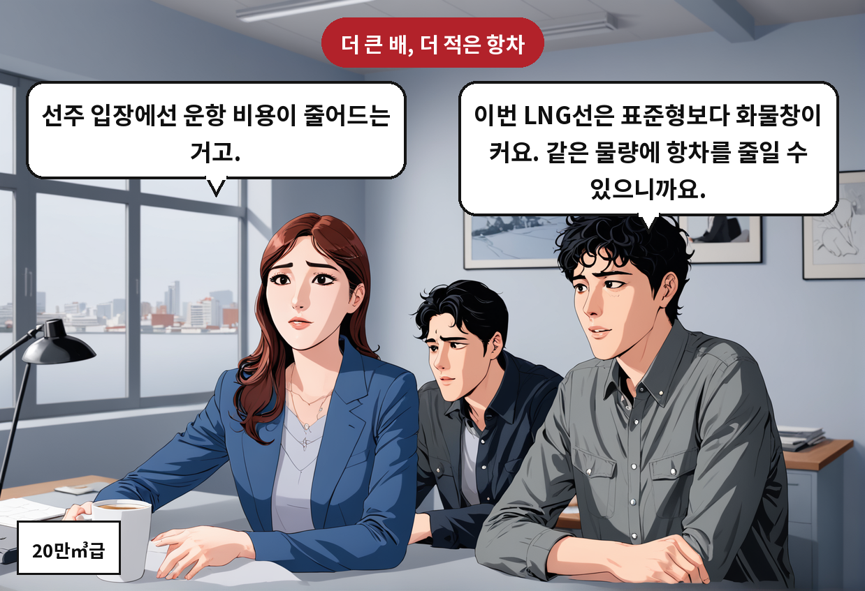 B: 이번 LNG선은 표준형보다 화물창이 커요. 같은 물량에 항차를 줄일 수 있으니까요. A: 선주 입장에선 운항 비용이 줄어드는 거고.