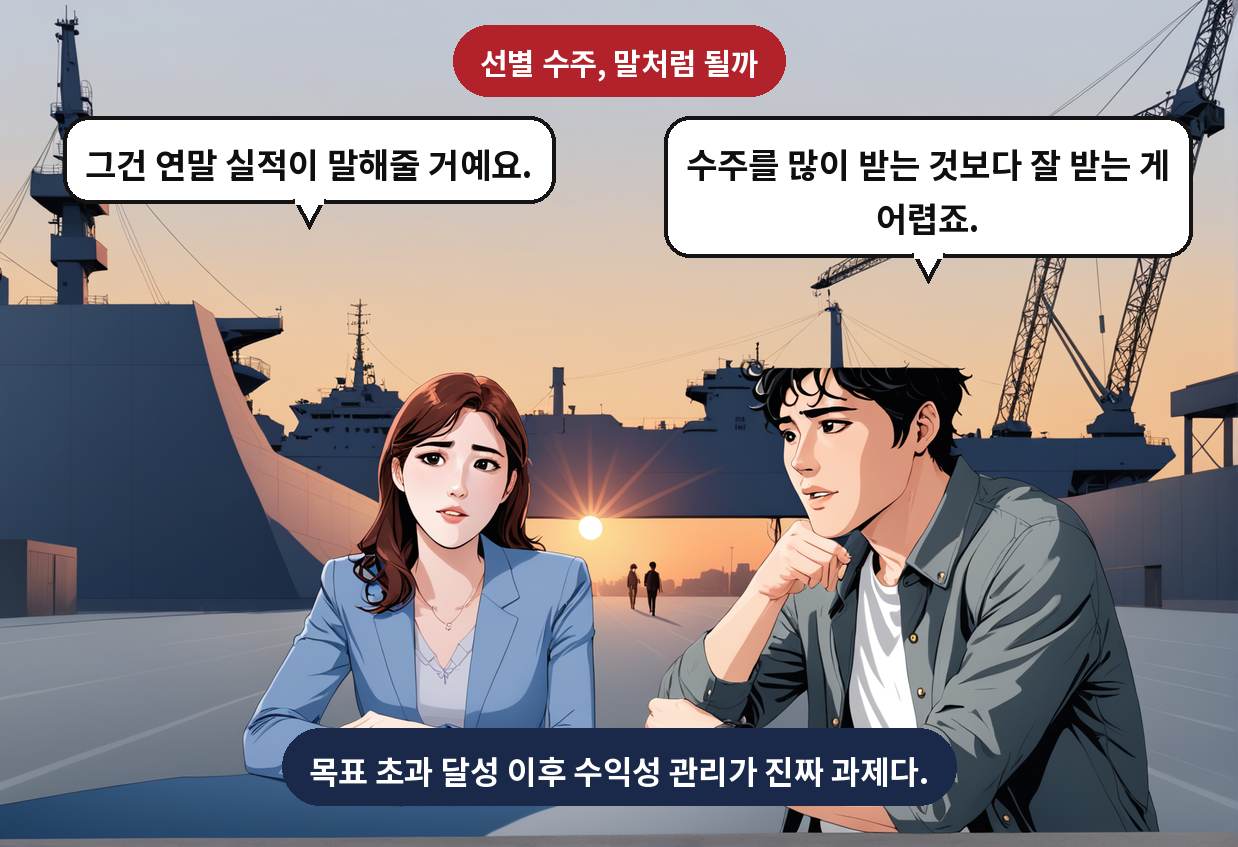 A: 수주를 많이 받는 것보다 잘 받는 게 어렵죠. B: 그건 연말 실적이 말해줄 거예요.
