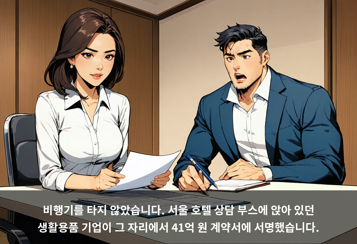 비행기를 타지 않았습니다. 서울 호텔 상담 부스에 앉아 있던 생활용품 기업이 그 자리에서 41억 원 계약서에 서명했습니다.