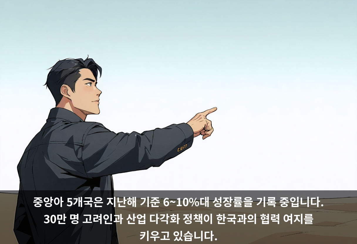 중앙아 5개국은 지난해 기준 6~10%대 성장률을 기록 중입니다. 30만 명 고려인과 산업 다각화 정책이 한국과의 협력 여지를 키우고 있습니다.