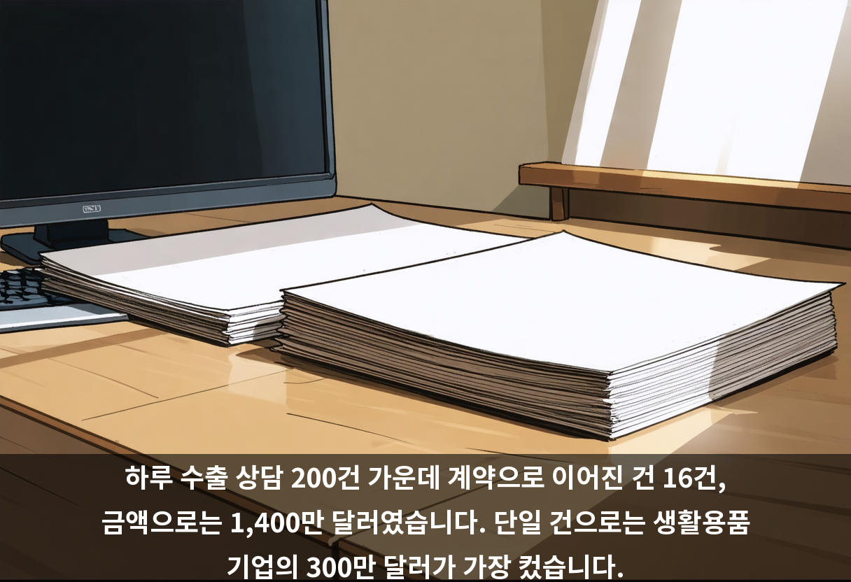 하루 수출 상담 200건 가운데 계약으로 이어진 건 16건, 금액으로는 1,400만 달러였습니다. 단일 건으로는 생활용품 기업의 300만 달러가 가장 컸습니다.