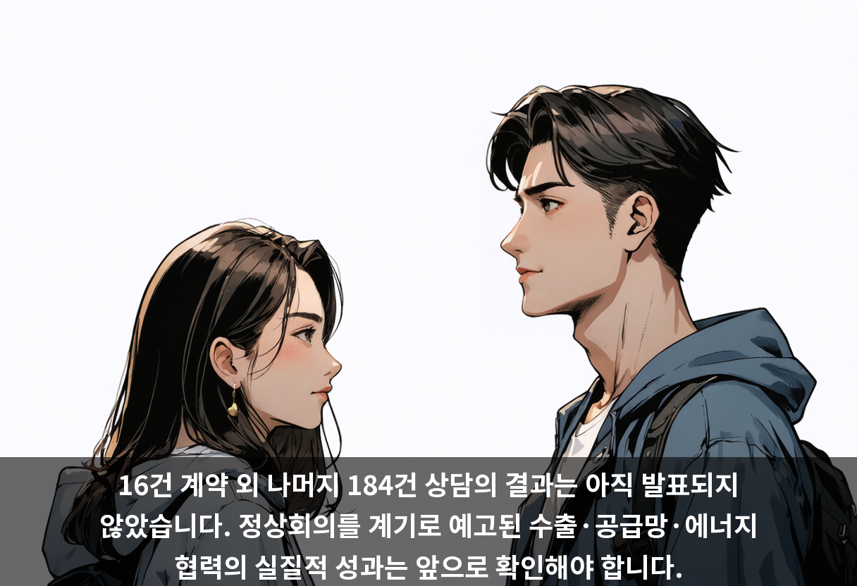 16건 계약 외 나머지 184건 상담의 결과는 아직 발표되지 않았습니다. 정상회의를 계기로 예고된 수출·공급망·에너지 협력의 실질적 성과는 앞으로 확인해야 합니다.