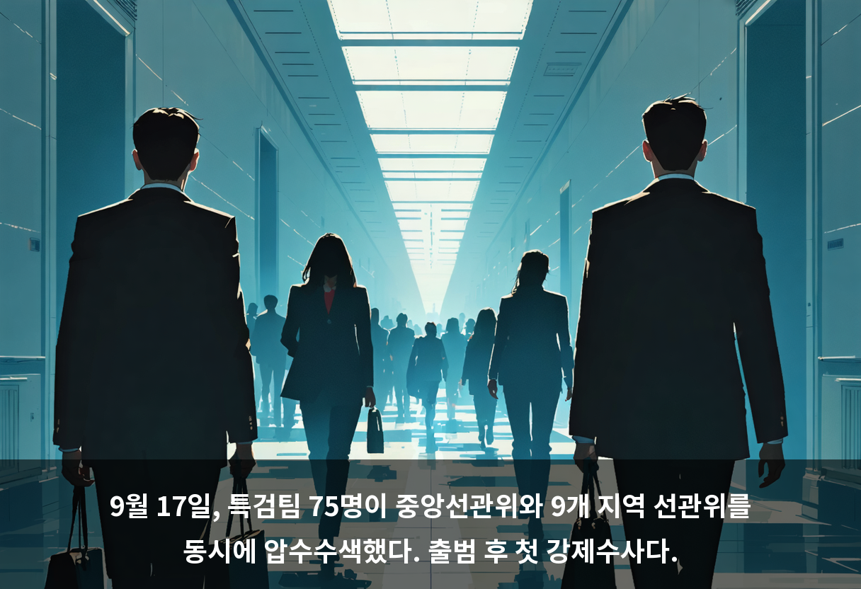 9월 17일, 특검팀 75명이 중앙선관위와 9개 지역 선관위를 동시에 압수수색했다. 출범 후 첫 강제수사다.