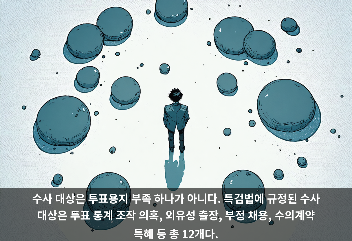수사 대상은 투표용지 부족 하나가 아니다. 특검법에 규정된 수사 대상은 투표 통계 조작 의혹, 외유성 출장, 부정 채용, 수의계약 특혜 등 총 12개다.