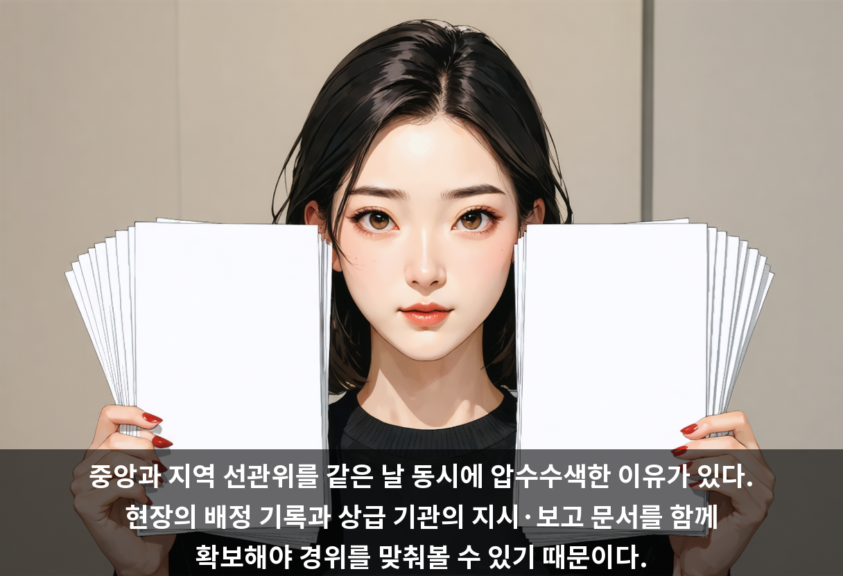 중앙과 지역 선관위를 같은 날 동시에 압수수색한 이유가 있다. 현장의 배정 기록과 상급 기관의 지시·보고 문서를 함께 확보해야 경위를 맞춰볼 수 있기 때문이다.