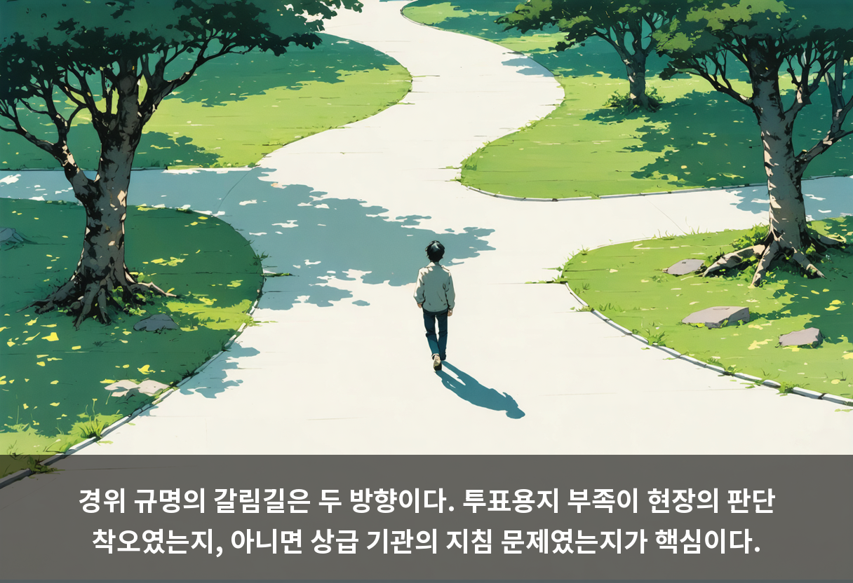 경위 규명의 갈림길은 두 방향이다. 투표용지 부족이 현장의 판단 착오였는지, 아니면 상급 기관의 지침 문제였는지가 핵심이다.