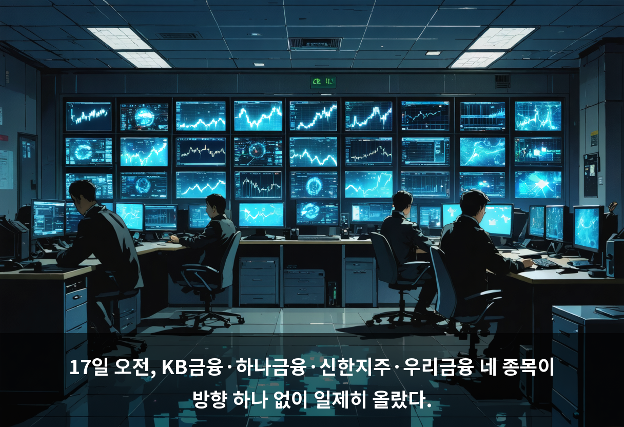 17일 오전, KB금융·하나금융·신한지주·우리금융 네 종목이 방향 하나 없이 일제히 올랐다.