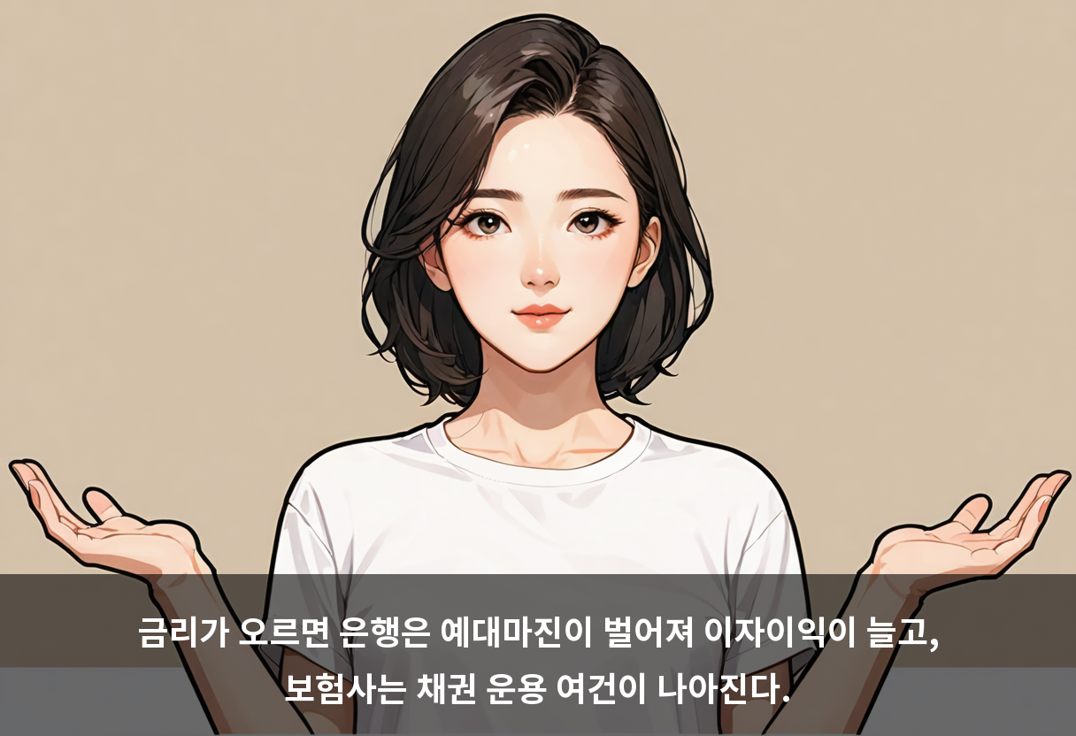 금리가 오르면 은행은 예대마진이 벌어져 이자이익이 늘고, 보험사는 채권 운용 여건이 나아진다.