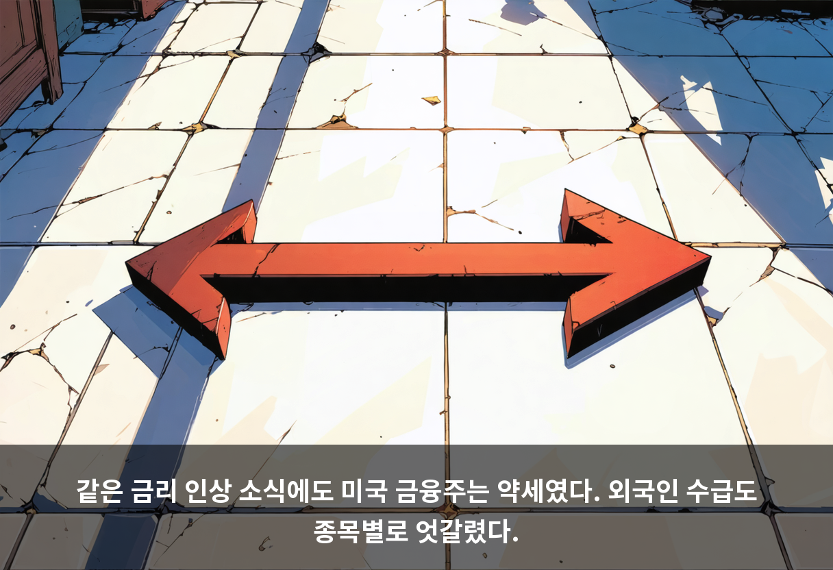 같은 금리 인상 소식에도 미국 금융주는 약세였다. 외국인 수급도 종목별로 엇갈렸다.