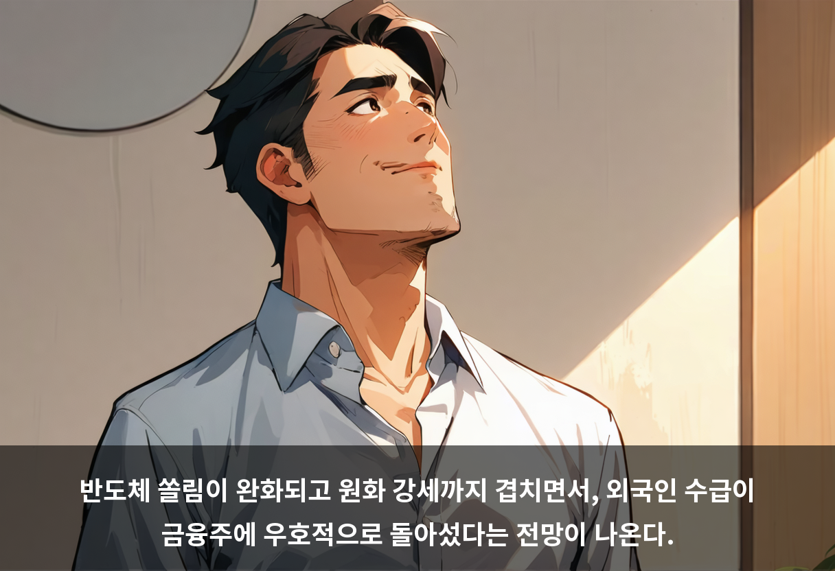 반도체 쏠림이 완화되고 원화 강세까지 겹치면서, 외국인 수급이 금융주에 우호적으로 돌아섰다는 전망이 나온다.