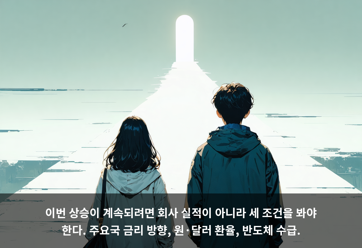 이번 상승이 계속되려면 회사 실적이 아니라 세 조건을 봐야 한다. 주요국 금리 방향, 원·달러 환율, 반도체 수급.