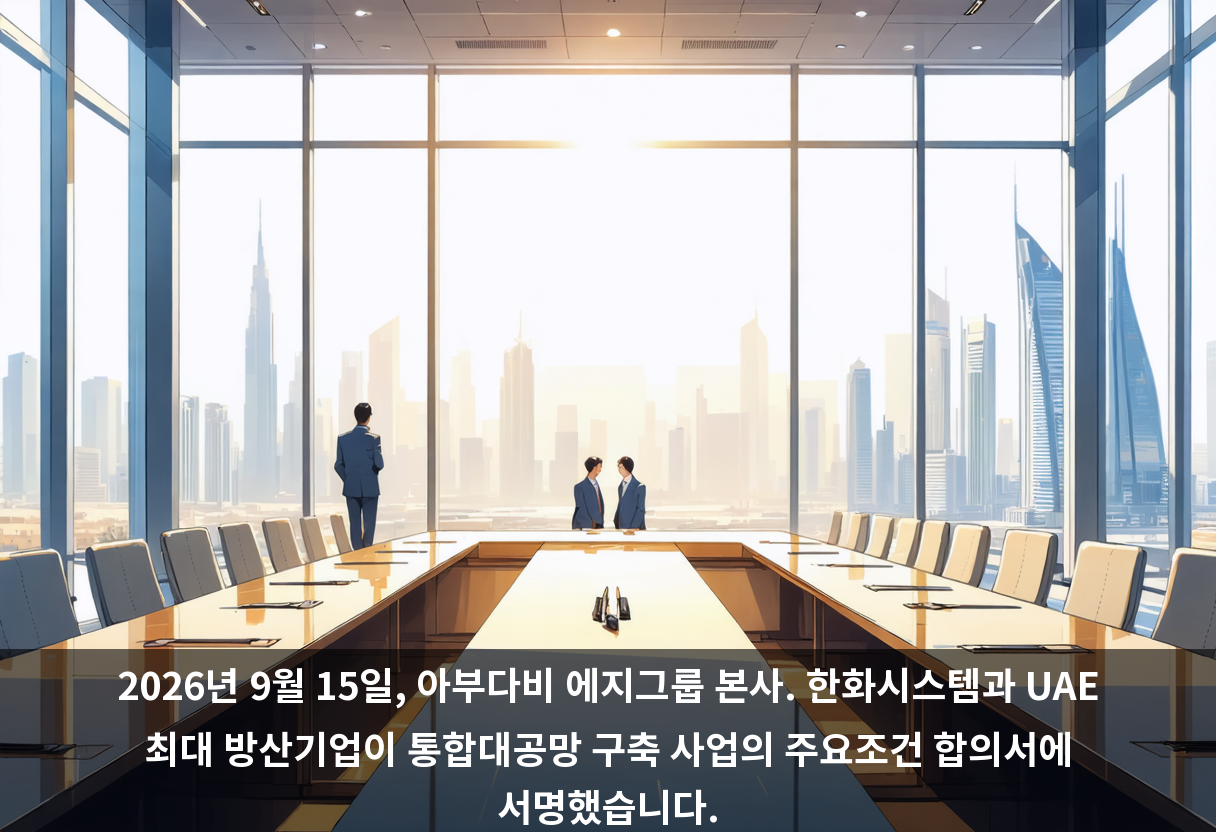 2026년 9월 15일, 아부다비 에지그룹 본사. 한화시스템과 UAE 최대 방산기업이 통합대공망 구축 사업의 주요조건 합의서에 서명했습니다.