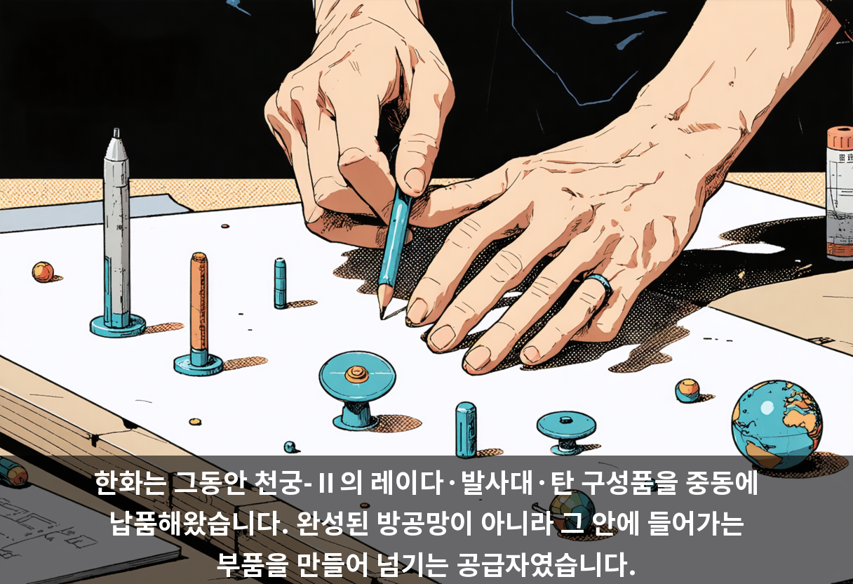 한화는 그동안 천궁-Ⅱ의 레이다·발사대·탄 구성품을 중동에 납품해왔습니다. 완성된 방공망이 아니라 그 안에 들어가는 부품을 만들어 넘기는 공급자였습니다.