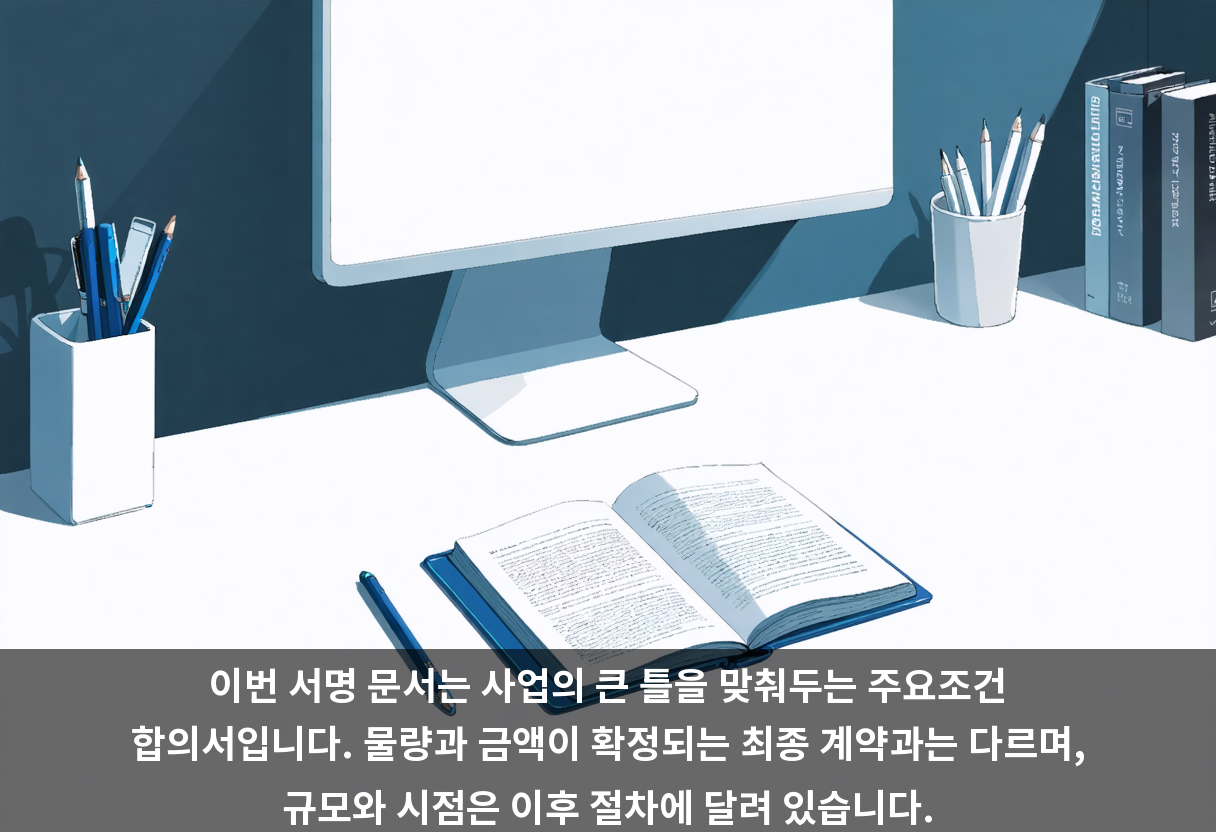이번 서명 문서는 사업의 큰 틀을 맞춰두는 주요조건 합의서입니다. 물량과 금액이 확정되는 최종 계약과는 다르며, 규모와 시점은 이후 절차에 달려 있습니다.