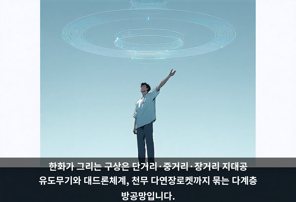 한화가 그리는 구상은 단거리·중거리·장거리 지대공 유도무기와 대드론체계, 천무 다연장로켓까지 묶는 다계층 방공망입니다.