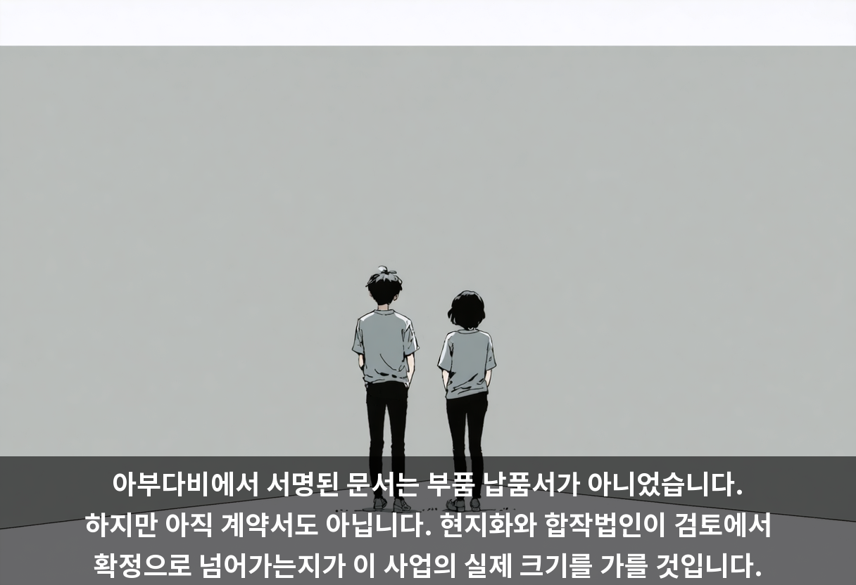 아부다비에서 서명된 문서는 부품 납품서가 아니었습니다. 하지만 아직 계약서도 아닙니다. 현지화와 합작법인이 검토에서 확정으로 넘어가는지가 이 사업의 실제 크기를 가를 것입니다.