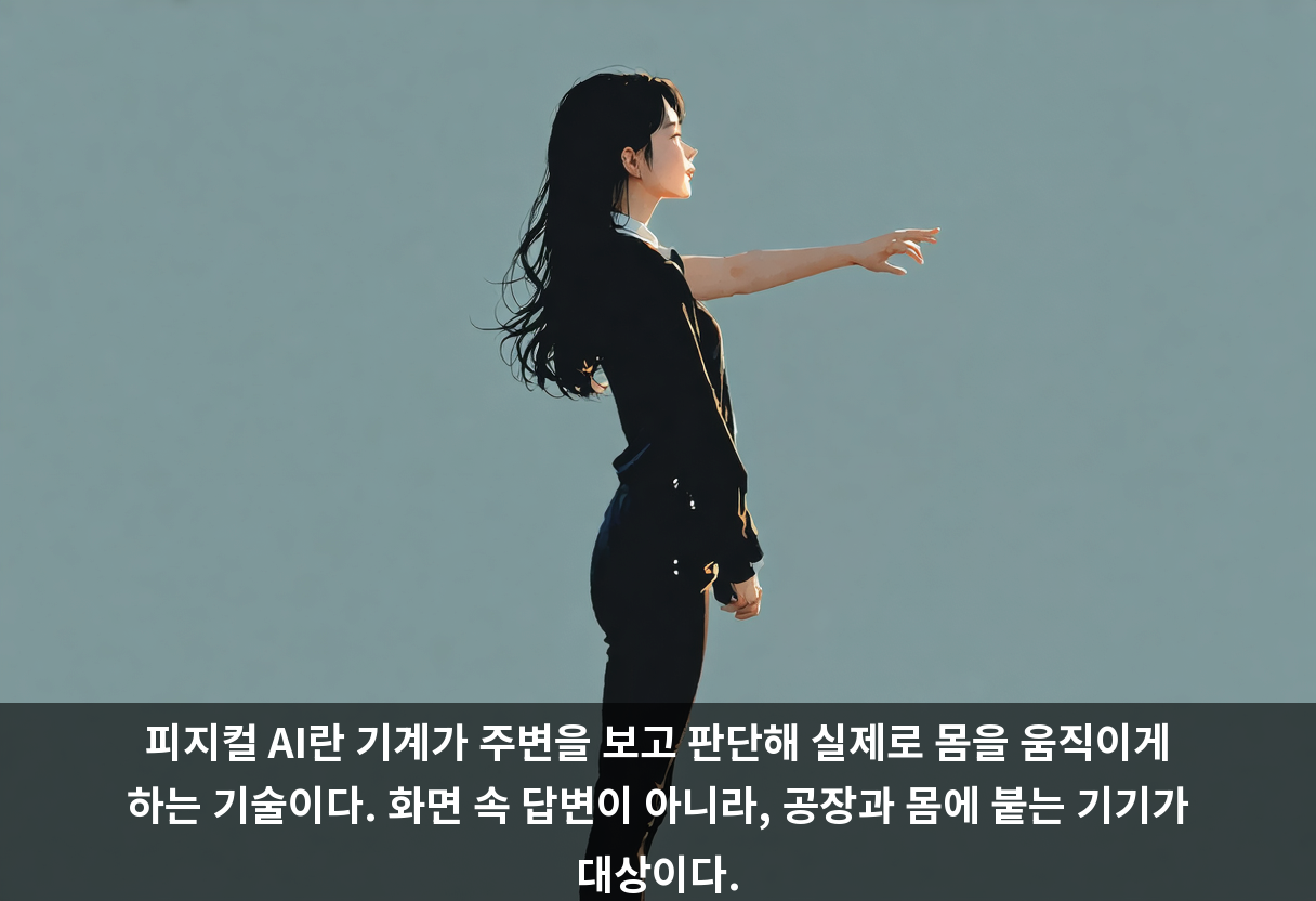 피지컬 AI란 기계가 주변을 보고 판단해 실제로 몸을 움직이게 하는 기술이다. 화면 속 답변이 아니라, 공장과 몸에 붙는 기기가 대상이다.