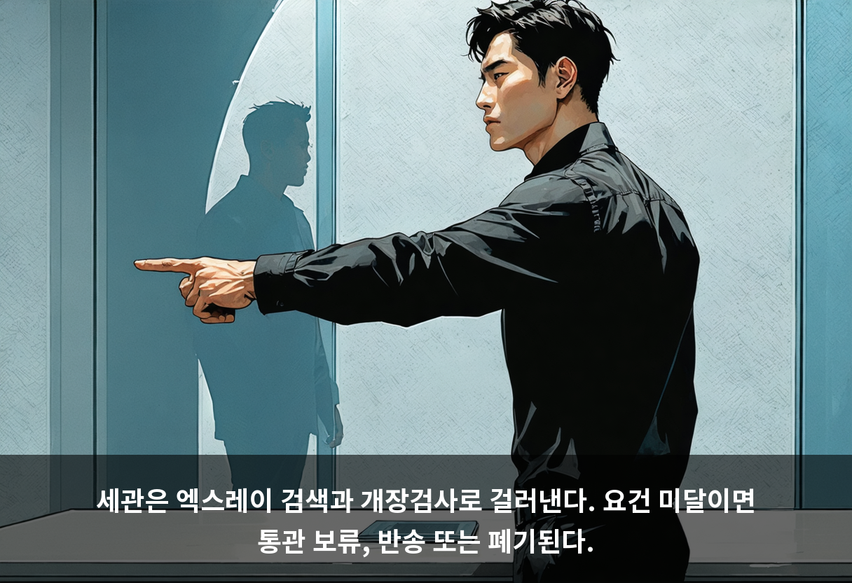세관은 엑스레이 검색과 개장검사로 걸러낸다. 요건 미달이면 통관 보류, 반송 또는 폐기된다.