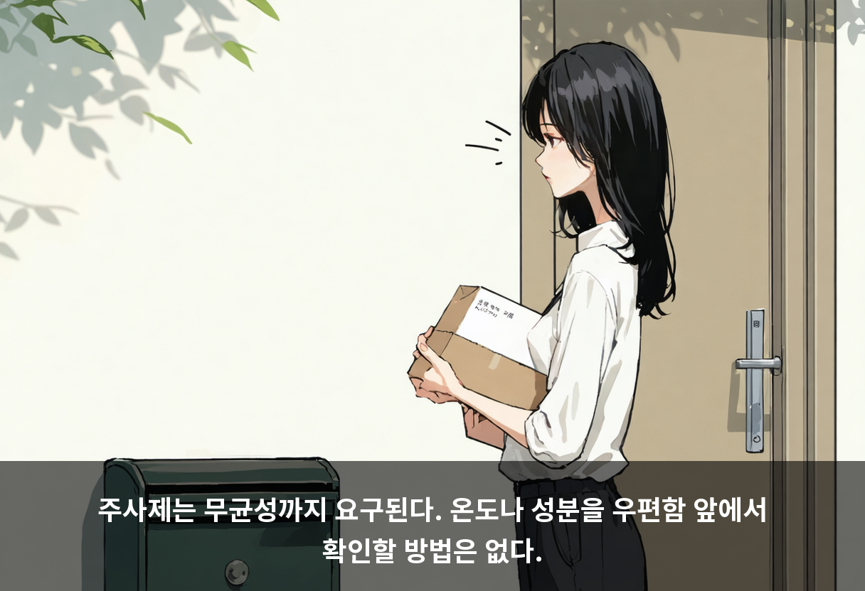 주사제는 무균성까지 요구된다. 온도나 성분을 우편함 앞에서 확인할 방법은 없다.