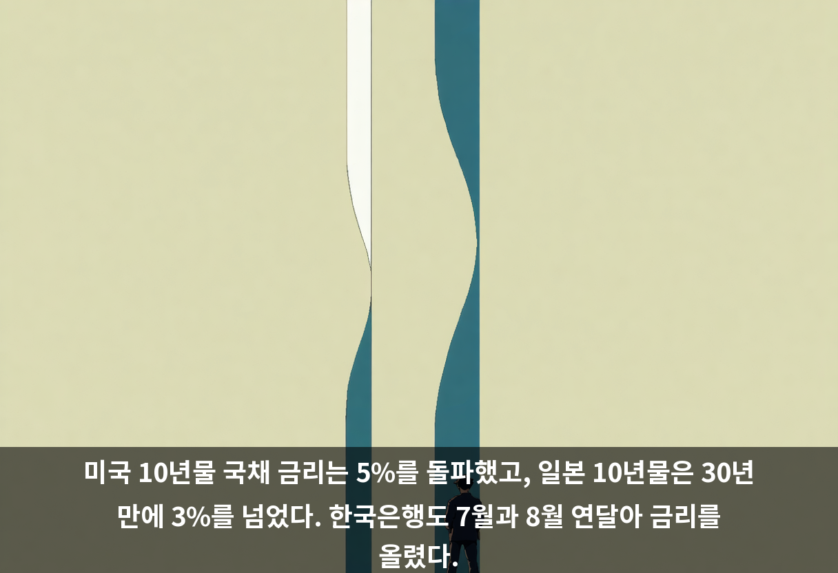 미국 10년물 국채 금리는 5%를 돌파했고, 일본 10년물은 30년 만에 3%를 넘었다. 한국은행도 7월과 8월 연달아 금리를 올렸다.