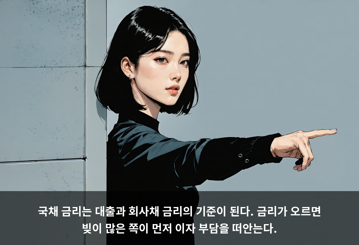 국채 금리는 대출과 회사채 금리의 기준이 된다. 금리가 오르면 빚이 많은 쪽이 먼저 이자 부담을 떠안는다.