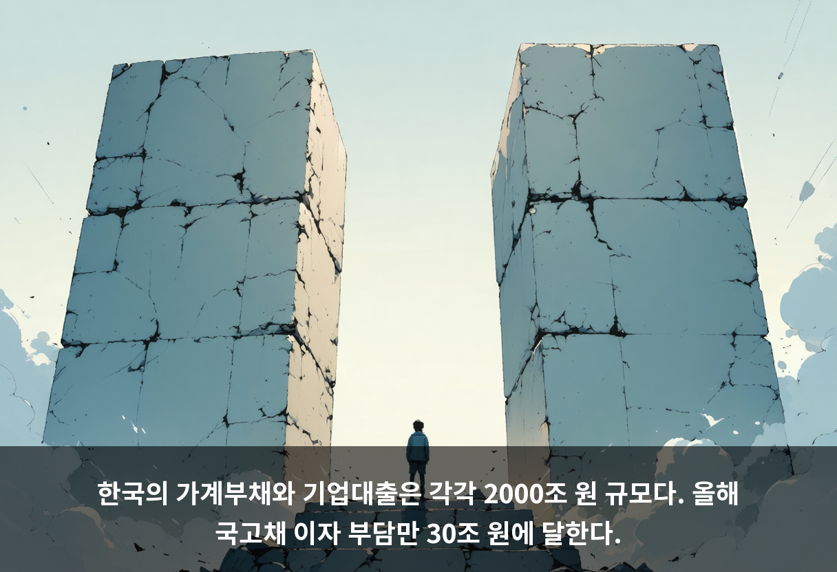 한국의 가계부채와 기업대출은 각각 2000조 원 규모다. 올해 국고채 이자 부담만 30조 원에 달한다.