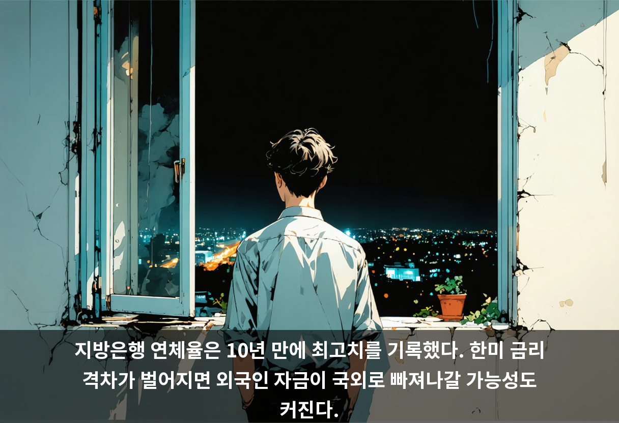 지방은행 연체율은 10년 만에 최고치를 기록했다. 한미 금리 격차가 벌어지면 외국인 자금이 국외로 빠져나갈 가능성도 커진다.