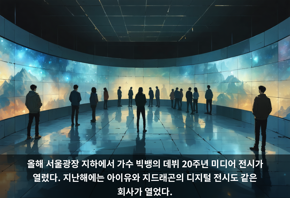 올해 서울광장 지하에서 가수 빅뱅의 데뷔 20주년 미디어 전시가 열렸다. 지난해에는 아이유와 지드래곤의 디지털 전시도 같은 회사가 열었다.