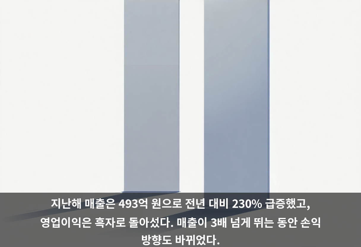 지난해 매출은 493억 원으로 전년 대비 230% 급증했고, 영업이익은 흑자로 돌아섰다. 매출이 3배 넘게 뛰는 동안 손익 방향도 바뀌었다.
