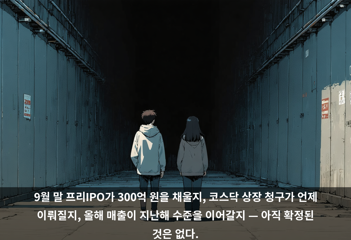 9월 말 프리IPO가 300억 원을 채울지, 코스닥 상장 청구가 언제 이뤄질지, 올해 매출이 지난해 수준을 이어갈지 — 아직 확정된 것은 없다.