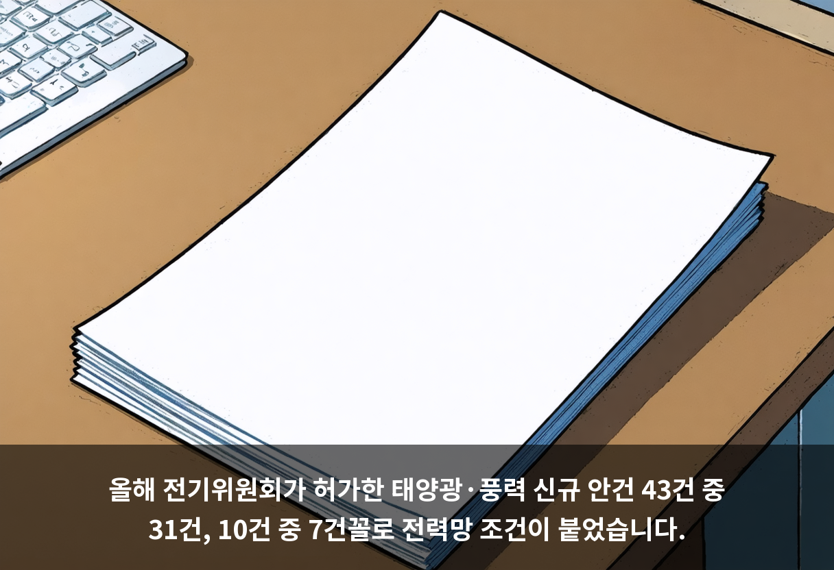 올해 전기위원회가 허가한 태양광·풍력 신규 안건 43건 중 31건, 10건 중 7건꼴로 전력망 조건이 붙었습니다.