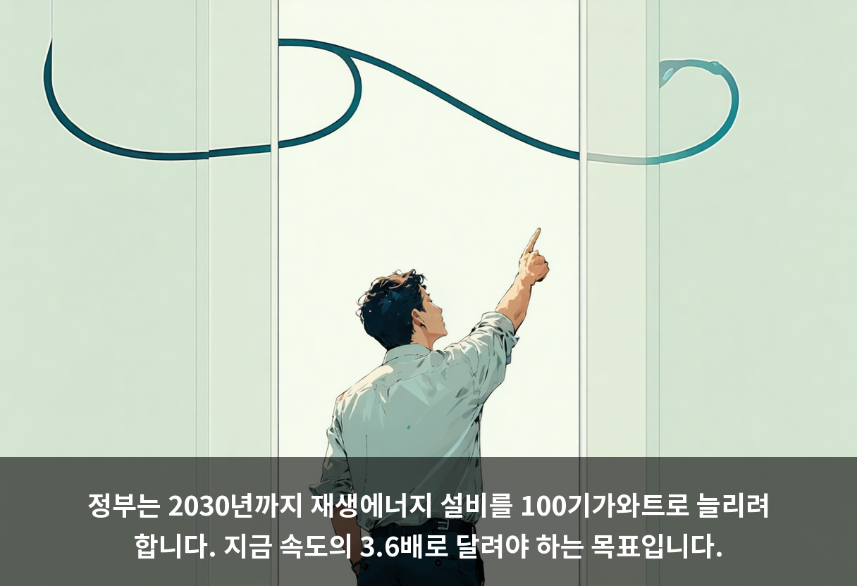 정부는 2030년까지 재생에너지 설비를 100기가와트로 늘리려 합니다. 지금 속도의 3.6배로 달려야 하는 목표입니다.